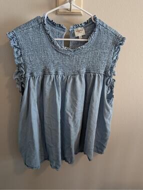 Hayden Los Angeles 2x  Women's denim Lightweight Chambray Smocked Top High Neck